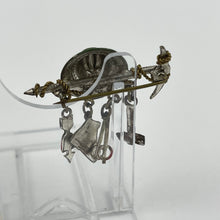 Load image into Gallery viewer, 1940s Painted Metal Austrian Tourist Brooch with Hat, Walking Canes, Boot, Pickaxe and Arrow with a Love Heart