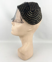 Load image into Gallery viewer, Fabulous Original 1950's Black Straw Cocktail Hat with Gold Trim and Net - Perfect Evening Hat
