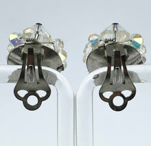Load image into Gallery viewer, Vintage 1950's Aurora Borealis Faceted Clear Glass Clip-on Earrings on Silvertone Clips