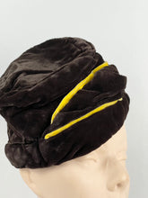Load image into Gallery viewer, Original 1940s Dark Brown Velvet Topper Hat with Mustard Velvet Trim