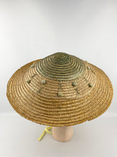 Load image into Gallery viewer, Original 1940s 1950s Tri Colour Conical Straw Hat with Ribbon Tie and Bobble Trim
