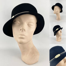 Load image into Gallery viewer, Original 1920’s 1930's Black Felt Cloche Hat With White Metal Faux Buckle Trim *