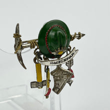 Load image into Gallery viewer, 1940s Painted Metal Austrian Tourist Brooch with Hat, Walking Canes, Boot, Pickaxe and Arrow with a Love Heart