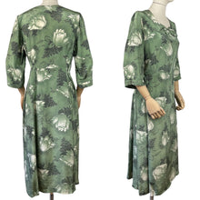 Load image into Gallery viewer, Original Volup 1930s Green Silk Crepe Dress with Black and White Bold Floral Print - Bust 40 42