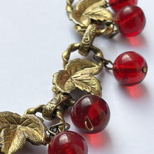 Load image into Gallery viewer, Original 1940's Gold Tone Choker Necklace with Leaves and Cranberry Coloured Glass Droplets - Length 17"