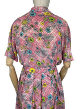 Load image into Gallery viewer, Original 1950's Pink Cotton Dress with Floral Print in Blue, Yellow, Grey and Green - Bust 38 40 *