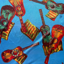 Load image into Gallery viewer, Vintage Artificial Silk Scarf in Bright Blue and Covered with Guitars and Sheet Music - Great Turban or Headscarf