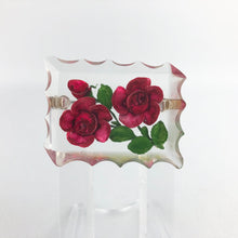 Load image into Gallery viewer, Original 1940s 1950s Reverse Carved Lucite Brooch with Scalloped Edge and Bright Pink Roses