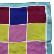 Load image into Gallery viewer, Original 1940's or 1950's Silk Crepe Hankie in Burgundy, Chartreuse, Pink and Blue on White - Neat Pocket Square - Great Gift Idea