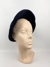 Load image into Gallery viewer, Original Late 1930s or Early 1940s Close Fitting Dark Blue Felt Hat with Neat Trim and Upturned Brim