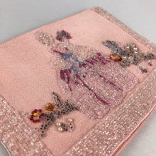 Load image into Gallery viewer, 1930s peach Satin Beaded Clutch with Crinoline Lady Design and Tiny Coin Purse