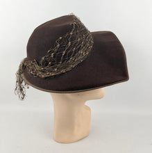 Load image into Gallery viewer, Original 1930's Warm Brown Felt Fedora with Squared Off Brim and Net Trim