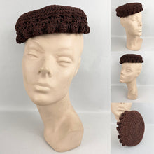 Load image into Gallery viewer, Original 1950’s Rich Chocolate Brown Crochet Topper Hat - Classic Vintage Hat