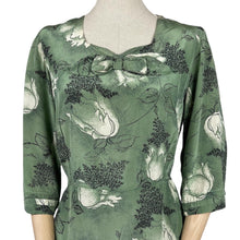 Load image into Gallery viewer, Original Volup 1930s Green Silk Crepe Dress with Black and White Bold Floral Print - Bust 40 42