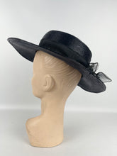 Load image into Gallery viewer, Original 1940's Dark Blue Lacquered Straw Hat with Net Covered Flower Trim by Peter Robinson *
