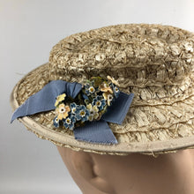 Load image into Gallery viewer, 1940's Cream Lacquered Frances Adams Raffia Hat with Pale Blue Floral Trim *