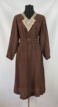 Load image into Gallery viewer, Original 1930s Brown and Cream Crepe Belted Polka Dot Dress with Lace and Chiffon Collar - Bust 34 35