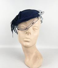 Load image into Gallery viewer, Original 1930s Navy Blue Felt Hat with Feather Trim and Neat Net Detail