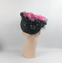 Load image into Gallery viewer, Original 1940's Black Fine Sisal Hat with Wonderful Pink Flower and Flocked Net Trim