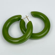 Load image into Gallery viewer, Vintage 1940's 1950's Pea Green Bakelite Hoop Earrings for Pierced Ears