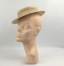 Load image into Gallery viewer, 1940's Cream Lacquered Frances Adams Raffia Hat with Pale Blue Floral Trim *
