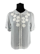 Load image into Gallery viewer, Original 1930's Powder Blue Chiffon Blouse with White Applique Trim - Bust 32