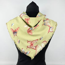 Load image into Gallery viewer, Original 1940's 1950's Pistachio Green Artificial Silk Scarf with Flowers and Butterflies