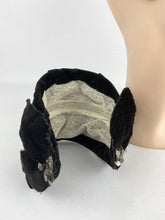 Load image into Gallery viewer, Original 1950s Black Velvet Half Hat with Leaf Trim and Silver Sequin Decoration