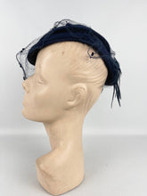 Load image into Gallery viewer, Original 1930s Navy Blue Felt Hat with Feather Trim and Neat Net Detail