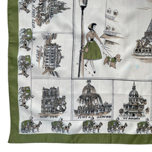 Load image into Gallery viewer, Vintage 1950's or 1960's Paris Tourist Scarf with The Eiffel Tower, Notre-Dame and More - Great Neckerchief