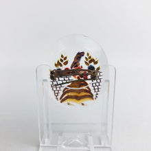 Load image into Gallery viewer, Original 1940s Oval Reverse Carved Lucite Brooch in Bold Shades with Crinoline Lady and Flowers *