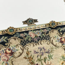 Load image into Gallery viewer, 1920s 1930s Petit Point Black Floral Evening Bag with Gem Set Frame
