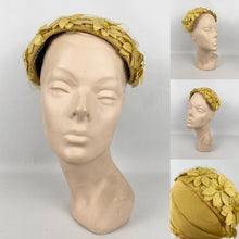 Load image into Gallery viewer, Original 1950’s Half Hat in Yellow Ochre Grosgrain - Pretty Net and Flower Trim - Perfect for Autumn *