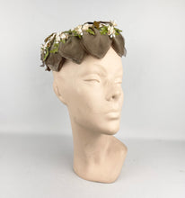 Load image into Gallery viewer, Original 1950's Petal Hat in Brown with Cream Flowers and Velvet Bow Trim