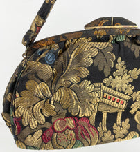 Load image into Gallery viewer, Original 1920's or 1930's Black Bag with Silk Embroidery in Gold and Jewel Tones