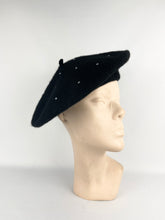 Load image into Gallery viewer, Original 1950s Inky Black Machine Knitted Beret with Paste Decoration