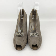 Load image into Gallery viewer, Original 1940's Grey Suede Peep-toe Shoes with Paste Clips and Punch Detail - UK 4