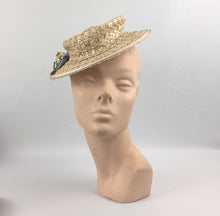 Load image into Gallery viewer, 1940's Cream Lacquered Frances Adams Raffia Hat with Pale Blue Floral Trim *