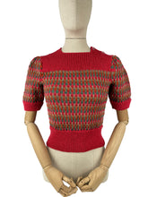 Load image into Gallery viewer, Reproduction 1940’s Hand Knitted Striped Jumper in Cherry Red, Ivy, Rust and Dune - Bust 32 34