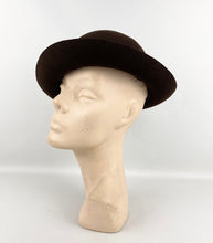 Load image into Gallery viewer, Original 1930's Little Bunty Chocolate Brown Felt Hat with Feather and Grosgrain Trim