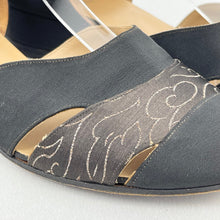 Load image into Gallery viewer, Original 1940's CC41 Black Fabric Wedges with Fabulous Metallic Silver Trim - UK 4.5 5