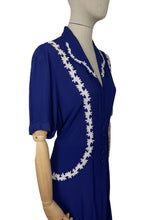 Load image into Gallery viewer, Original 1940's French Navy Crepe Day Dress with White Applique Trim - Bust 44