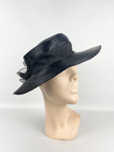 Load image into Gallery viewer, Original 1940's Dark Blue Lacquered Straw Hat with Net Covered Flower Trim by Peter Robinson *