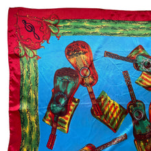 Load image into Gallery viewer, Vintage Artificial Silk Scarf in Bright Blue and Covered with Guitars and Sheet Music - Great Turban or Headscarf