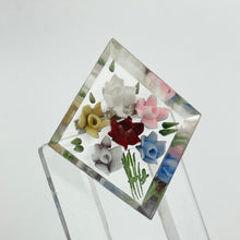 Load image into Gallery viewer, Original 1940s 1950s Reverse Carved Diamond Shaped Lucite Brooch with Cluster of Six Flowers