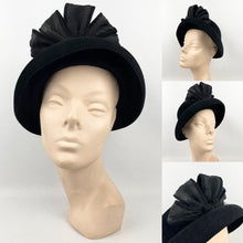 Load image into Gallery viewer, Original 1940s Inky Black Fur Felt Hat with Rosette Trim and Net Detail