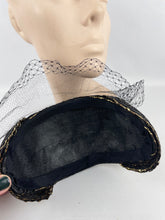 Load image into Gallery viewer, Fabulous Original 1950's Black Straw Cocktail Hat with Gold Trim and Net - Perfect Evening Hat