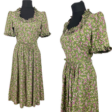 Load image into Gallery viewer, Utterly Exquisite Original 1930s Green Floral Belted Dress with Ruffle Trim and Shirring - Bust 34 35