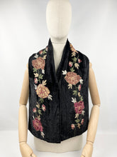 Load image into Gallery viewer, Original 1920's 1930's Black Silk Velvet Scarf with Crewel Work Floral Embroidery - Great Christmas Gift