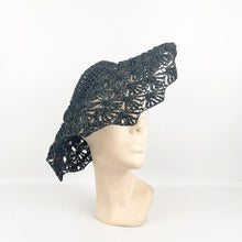 Load image into Gallery viewer, Original 1940's Black Straw Crochet Summer Hat with Open Crown
